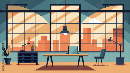 The large industrialstyle windows allow ample natural light to flood in creating an inviting workspace in the lofts living area.. Vector illustration