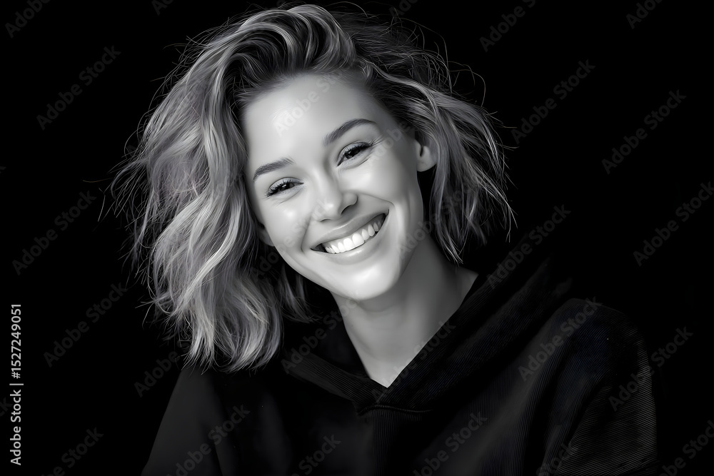 Smiling woman with wavy hair in a black hoodie Smiling woman with wavy hair in a black hoodie