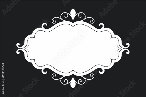 This image features an ornate, oval-shaped frame in white against a dark, solid background. The frame has elaborate scrollwork and decorative flourishes at its top and bottom,