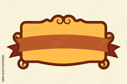 This is a vintage-style graphic element with an ornate, golden yellow frame. A rich brown ribbon banner stretches across the center, adding a classic touch