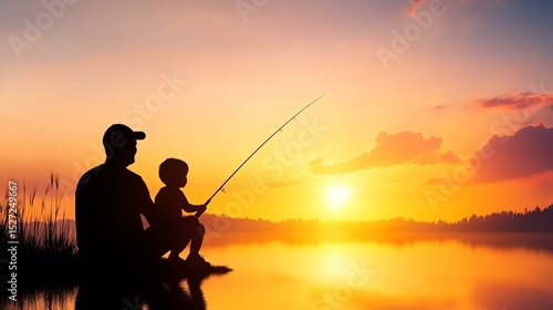 A serene moment of a father and son fishing together at sunset by the lake.