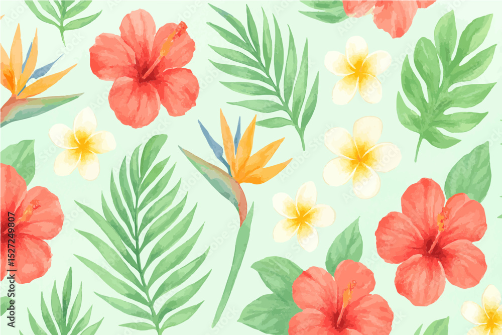 Fototapeta premium Tropical Watercolor Floral Seamless Vector Pattern