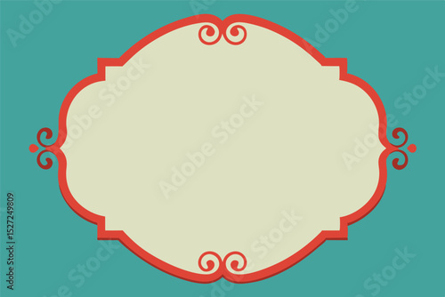 This is a graphic of an empty, ornate, light-colored oval plaque with a red border. The border has decorative scrolls at the top and bottom, and smaller ornamental swirls on each side.