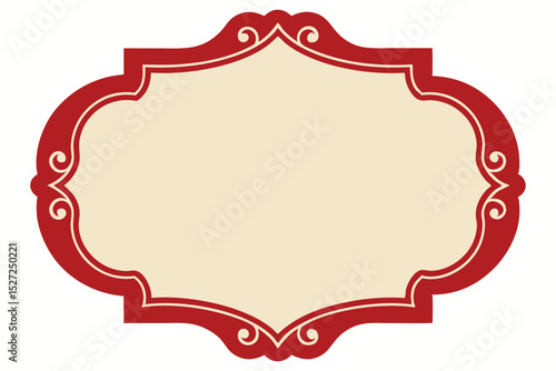 digital illustration of an ornate, vintage-style label. The border is a deep red with decorative swirls at each of the four points. The interior is a soft, creamy beige, 