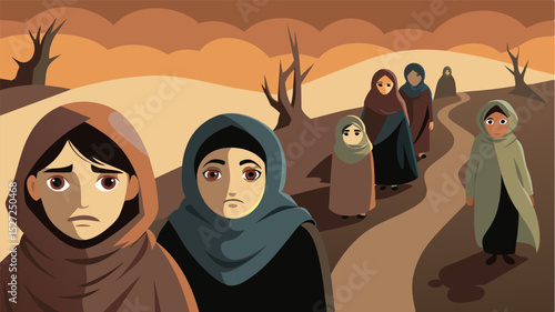 A group of refugees their faces gaunt and eyes sunken trudge through the barren landscape in search of food and water.. Vector illustration