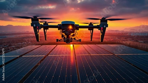 Drone Inspection of Solar Panels at Sunset