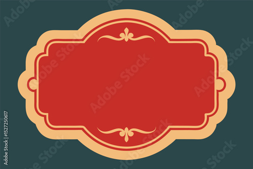  ornate, vintage-style label or cartouche. It has a decorative beige border with elegant scrollwork on the top and bottom edges. The background is a dark teal or grey-green 