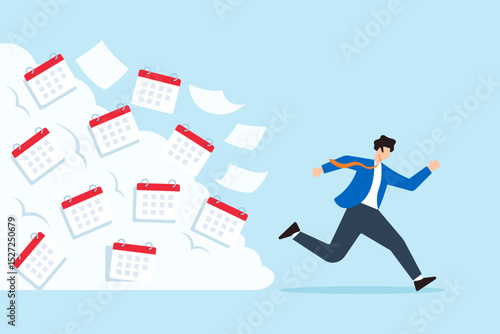 Flat illustration of frustrated businessman running from avalanche of calendar pages symbolizing deadline stress and time pressure