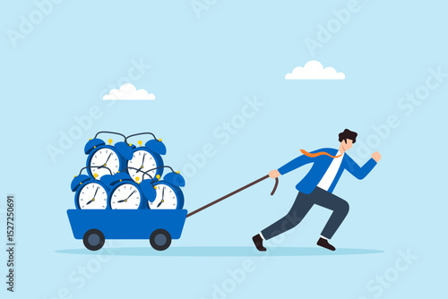 Flat illustration of frustrated businessman pulling heavy cart full of alarm clocks to represent deadline pressure and time burden