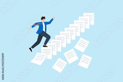 Flat illustration of frustrated businessman climbing collapsing staircase made of documents symbolizing urgency and deadline overload