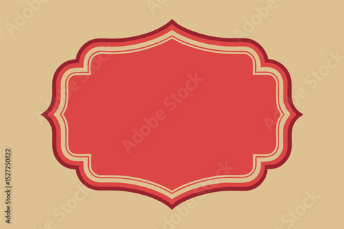 A decorative, ornate frame in a rich red color sits against a tan background. The frame has a distinctive, wavy shape with scalloped edges. Two thinner lines, one cream-colored 