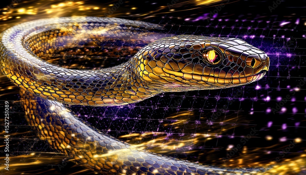 Obraz premium Golden Serpent Coiled in Cosmic Energy Flow