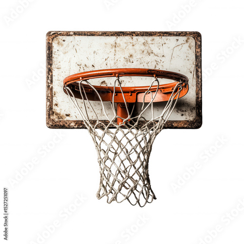 Weathered basketball hoop with rusty rim and worn net evokes nostalgia and passage of time. backboard shows signs of age, adding character to this classic sports equipment