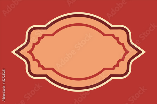 ornate label with a warm peach interior and a darker border sits against a rich red background. The label's outline is elaborate, featuring curved sides that taper to points