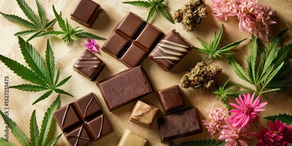 Gourmet Chocolate Squares with Cannabis Leaves and Flowers Gourmet Chocolate Squares with Cannabis Leaves and Flowers