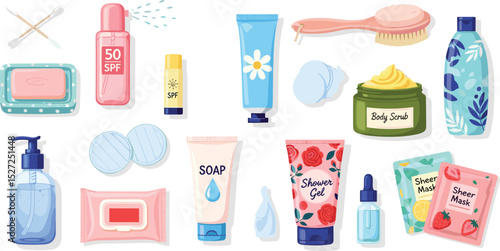 Beauty concept illustration. Collections of women characters hands taking care about skin and using serum oil, moisture cleanser and other natural cosmetic products. 
