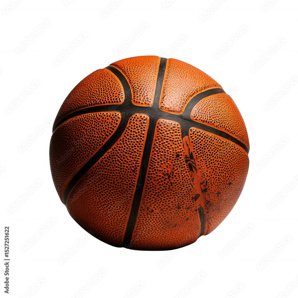 Fototapeta premium Textured orange basketball with black lines is isolated on transparency background, showcasing its detailed surface and spherical shape. image highlights ball design, commonly used in sports