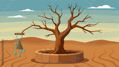 A withered tree leans precariously above the well its thirsty roots reaching for any trace of moisture in the barren soil.. Vector illustration