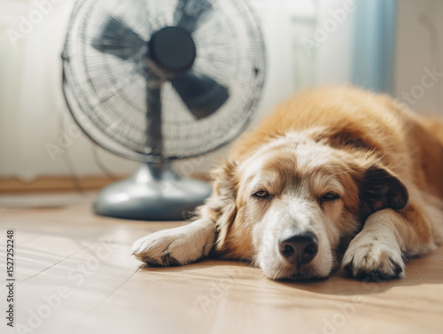 Tired dog cooling by fan on wooden floor, indoor setting, soft colors