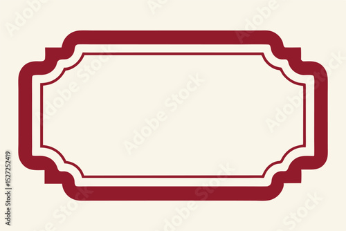  decorative, ornate label with a distinctive scalloped border. The primary color of the border is a deep crimson, framing a plain, cream-colored background within. The label's ele