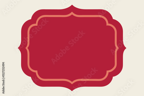 rich red frame with a distinctive scalloped or flourished shape, reminiscent of a vintage label or cartouche. A thinner, lighter red outline emphasizes its ornate edg