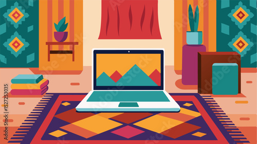 The laptop sits on a Moroccanstyle rug in a colorful tapestryfilled textile workshop utilized by the designer for creating digital patterns and mockups.. Vector illustration