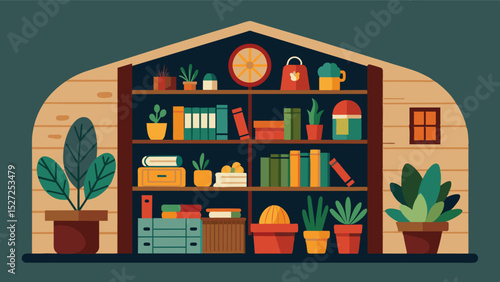 Inside the barn shelves full of books plants and trinkets add a personal touch to the nomads living space.. Vector illustration