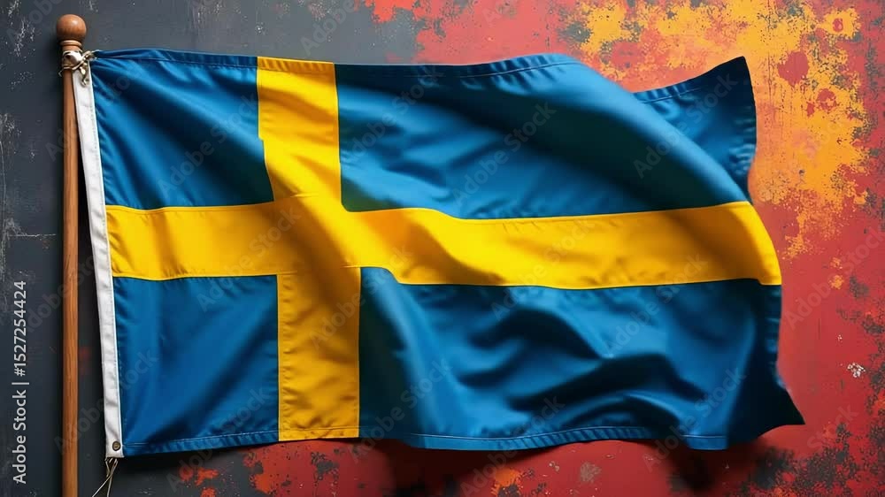 Vibrant Grunge Background featuring a Close Up of a Fluttering Swedish Flag with Rich Colors and Texture