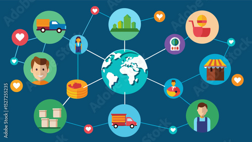 A network graph showcasing the relationships between different players in the global food supply chain including producers distributors retailers and consumers and how they are. Vector illustration