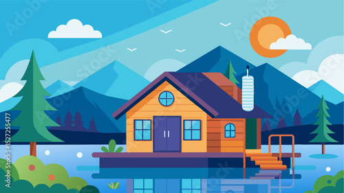 In the cozy lakeside cabin a smart thermostat automatically adjusts the temperature based on the weather conditions thanks to its digital connectivity.. Vector illustration