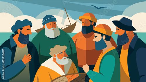A group of fishermen huddle together discussing the emptiness of their nets and the uncertain future of their livelihood.. Vector illustration