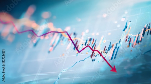 Close-up of financial chart with downward trending line symbolizing Federal Reserve rate cuts, economic recession concept, stock market volatility and investment risk analysis.	