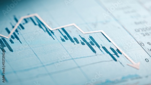 Close-up of financial chart with downward trending line symbolizing Federal Reserve rate cuts, economic recession concept, stock market volatility and investment risk analysis.	