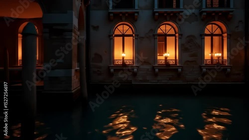 Venetian canal at night with candlelight reflections in water  