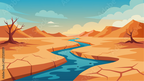 A driedup riverbed once a vital source of water for irrigation now a stark reminder of the devastating effects of prolonged heatwaves.. Vector illustration