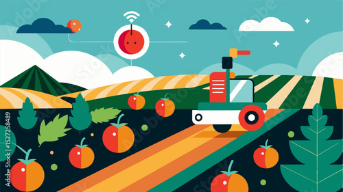 A smart harvester efficiently navigates through rows of crops using sensors and AI technology to avoid obstacles and identify ripe fruits for harvest.. Vector illustration