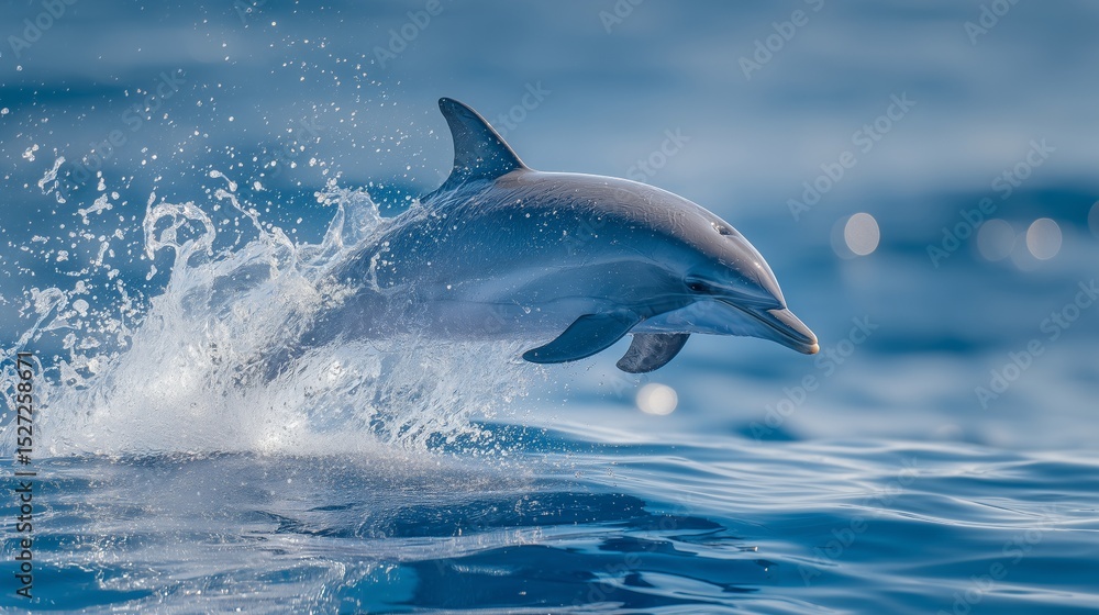 Fototapeta premium A dolphin leaps from the blue ocean water creating a splash on a sunny day