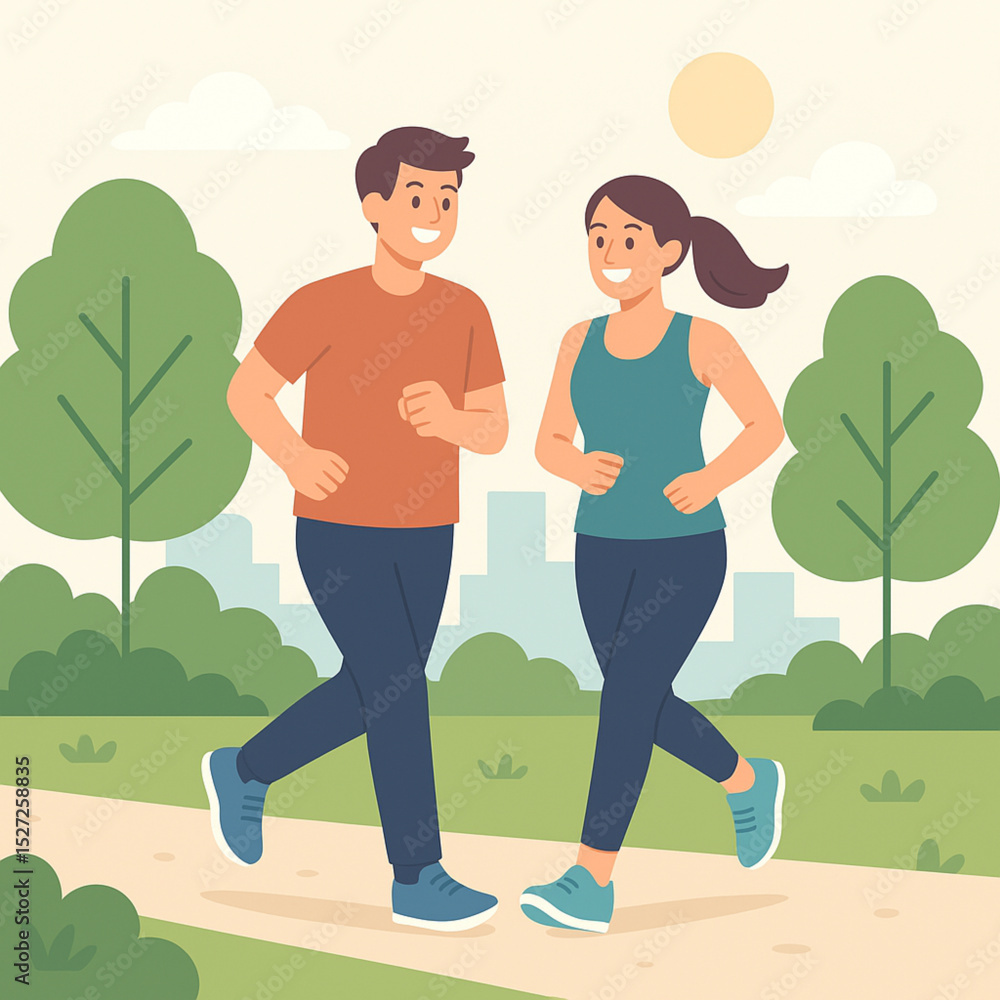 Jogging Couple in City Park – Flat Vector Illustration Jogging Couple in City Park – Flat Vector Illustration