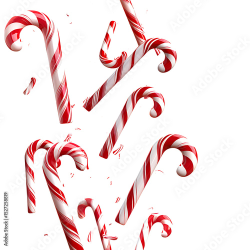 Candy canes in red and white stripes falling, isolated on white background