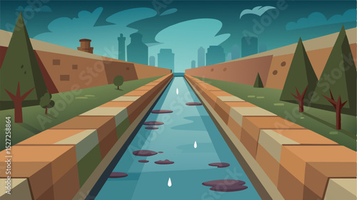 A hauntingly silent canal once full of bustling aquatic life now a ghost town.. Vector illustration
