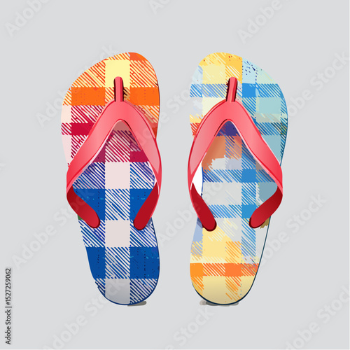 Vibrant Neon Plaid Flip-Flops Summer Sandals with Crisscrossing Straps and Gingham Design