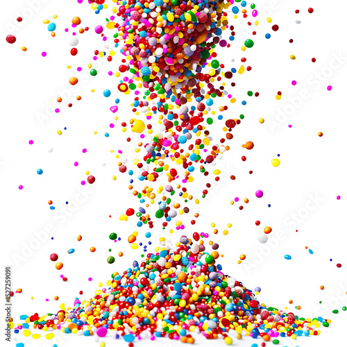 Colorful candy sprinkles falling in dynamic motion, isolated on white background
