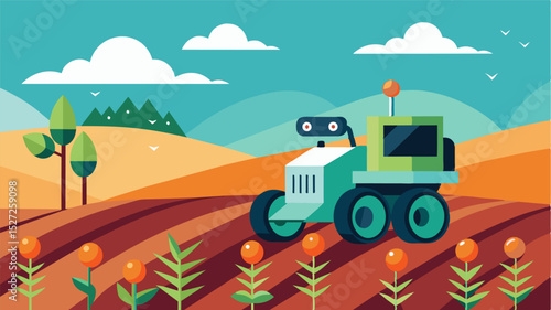 A selfdriving robotic transplanting machine that can navigate through fields autonomously allowing farmers to focus on other crucial tasks.. Vector illustration