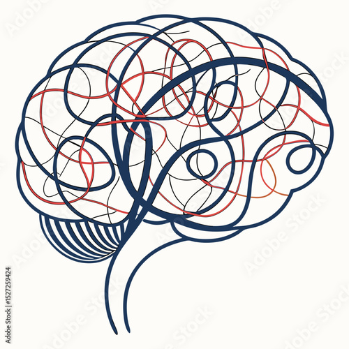 An abstract brain made of tangled threads symbolises mental health, anxiety, complexity, neurodiversity, and the intricate nature of human thoughts