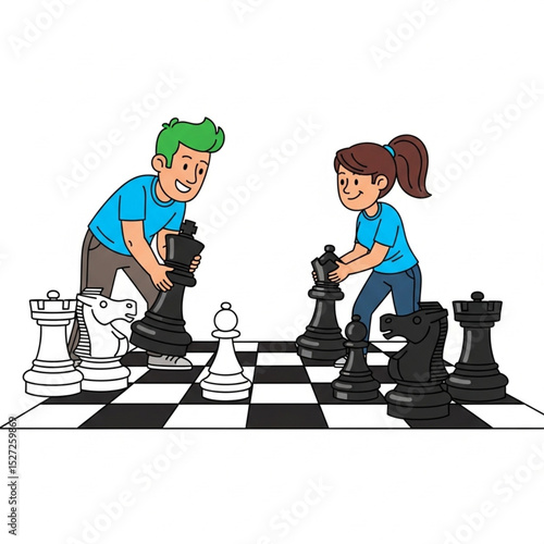 Happy Man and Woman Playing Giant Chess – Vector Illustration