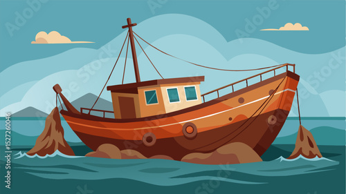 A rusted fishing boat with fading paint and torn nets appears to have been forgotten by its owner. The water beneath it is eerily calm lacking the usual signs of life and. Vector illustration
