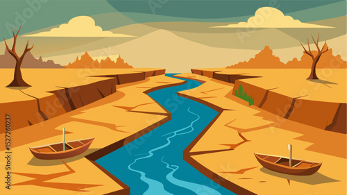 A cracked and dry riverbed with empty grain boats docked on its banks symbolizing the halt of trade and transportation due to food scarcity.. Vector illustration
