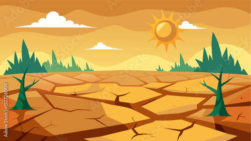 A barren and cracked soil devoid of any signs of life as the suns rays have scorched all the crops and vegetation that once grew there.. Vector illustration