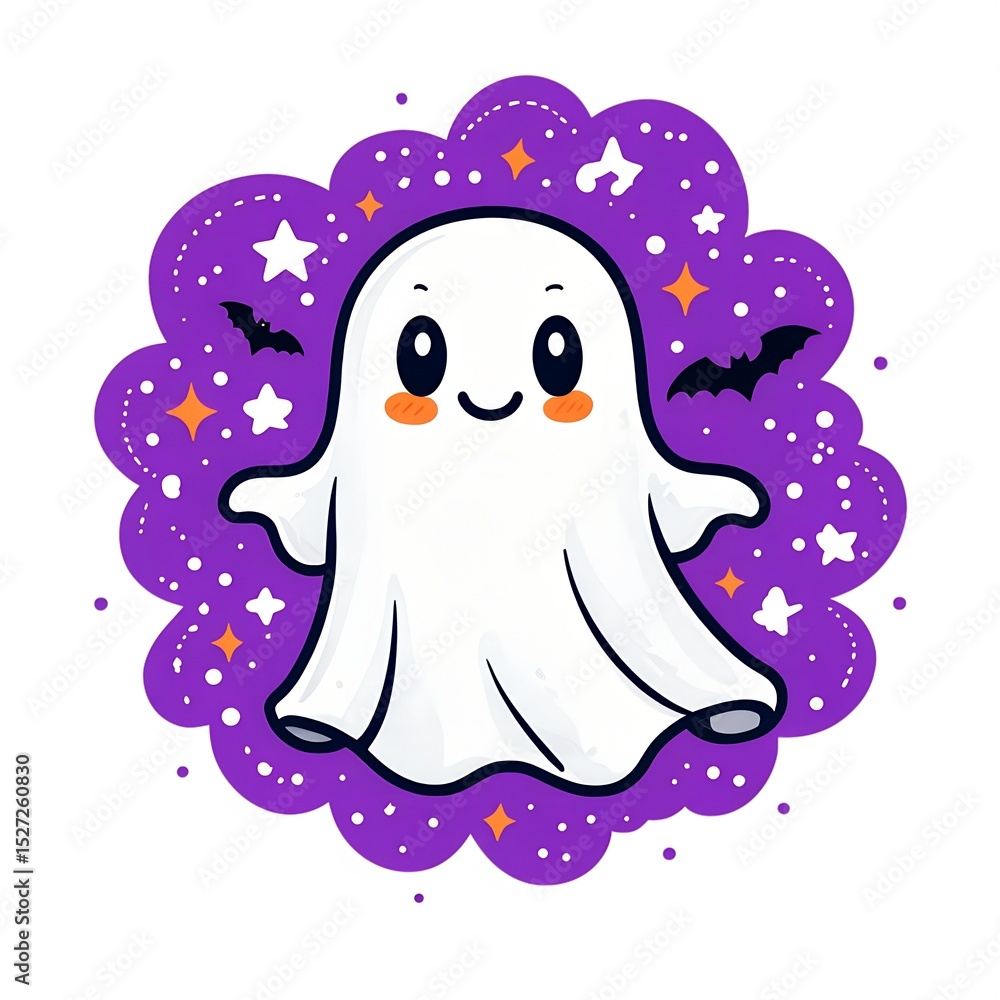 Obraz premium Cute cartoon ghost character with spooky bats stars and purple decorative border