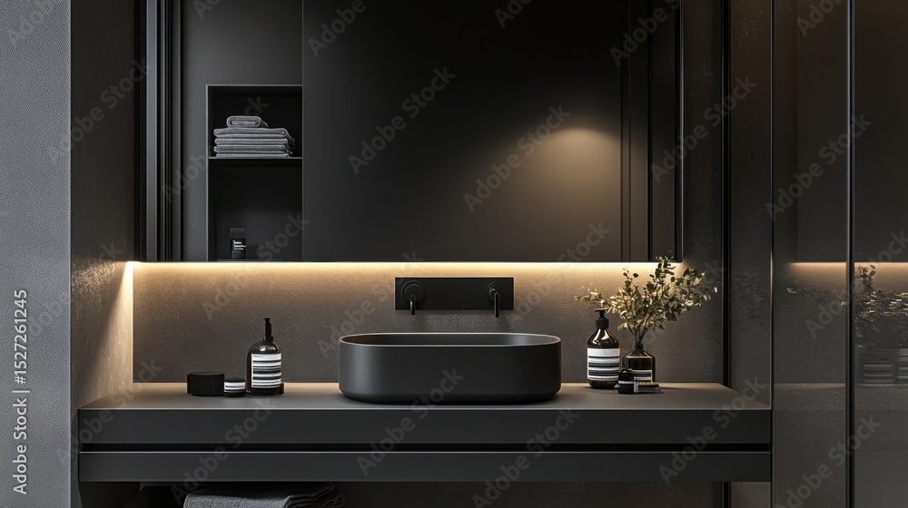 Compact bathroom design with efficient storage, sleek sink, and modern matte black hardware Compact bathroom design with efficient storage, sleek sink, and modern matte black hardware